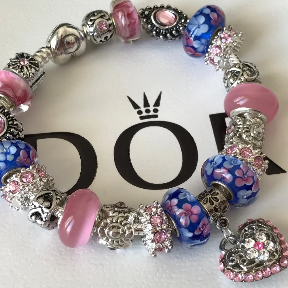 Authentic PANDORA Heart Clasp S925 Silver Bracelet with Murano Glass Beads 7.9" - Picture 2 of 16